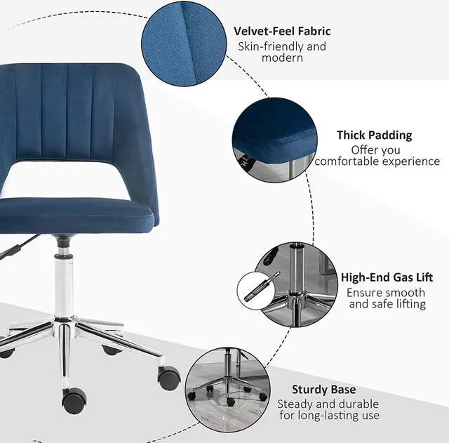 Alt view image 7 of 7 - Vinsetto Mid Back Office Chair Velvet Fabric Swivel Scallop Shape Computer Desk Chair, Blue