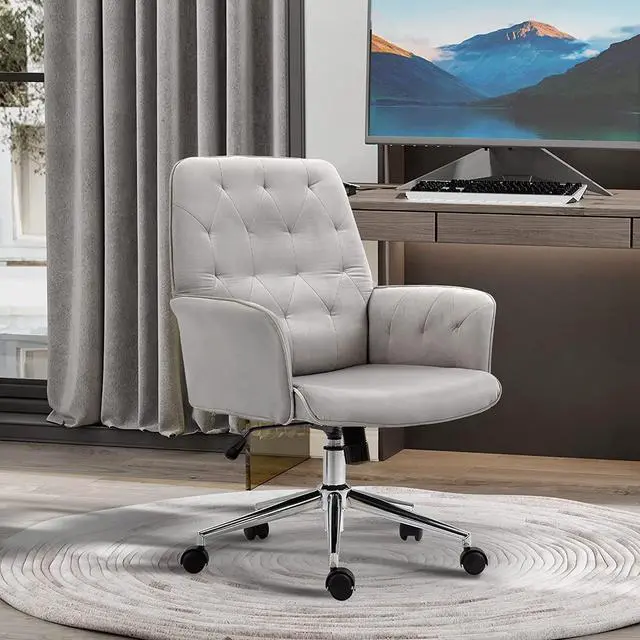 Alt view image 2 of 7 - Vinsetto Velvet Home Office Chair, Tufted Height Adjustable Computer Desk Chair with Swivel Wheels and Padded Armrests, Light Gray