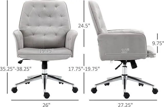 Alt view image 3 of 7 - Vinsetto Velvet Home Office Chair, Tufted Height Adjustable Computer Desk Chair with Swivel Wheels and Padded Armrests, Light Gray