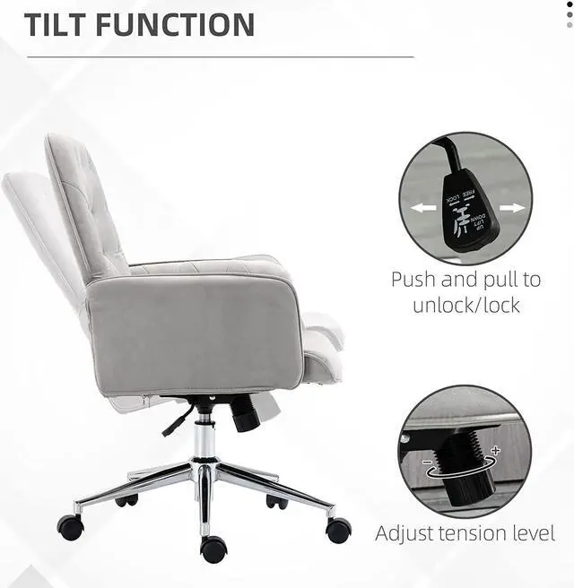 Alt view image 5 of 7 - Vinsetto Velvet Home Office Chair, Tufted Height Adjustable Computer Desk Chair with Swivel Wheels and Padded Armrests, Light Gray