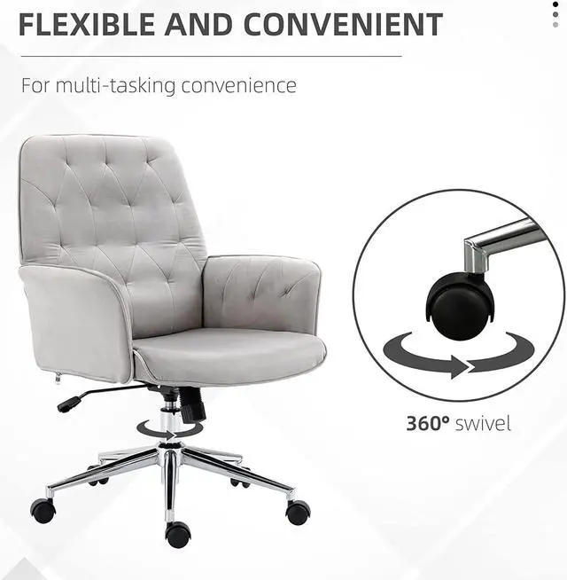Alt view image 6 of 7 - Vinsetto Velvet Home Office Chair, Tufted Height Adjustable Computer Desk Chair with Swivel Wheels and Padded Armrests, Light Gray