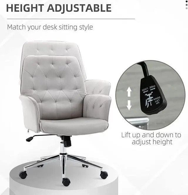 Alt view image 4 of 7 - Vinsetto Velvet Home Office Chair, Tufted Height Adjustable Computer Desk Chair with Swivel Wheels and Padded Armrests, Light Gray