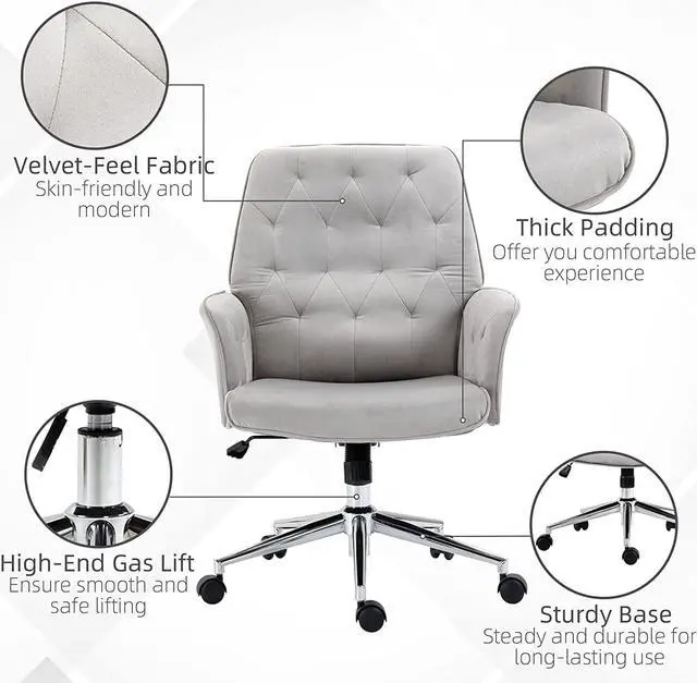 Alt view image 7 of 7 - Vinsetto Velvet Home Office Chair, Tufted Height Adjustable Computer Desk Chair with Swivel Wheels and Padded Armrests, Light Gray