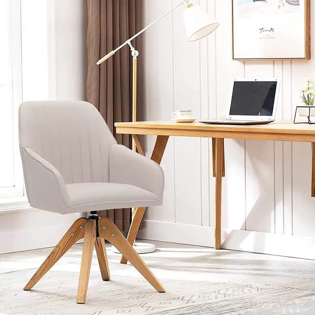 Alt view image 7 of 7 - Furniliving 36.8'' Mid Century Modern Swivel Accent Chair for Living Room, Wood Desk Chair with Arms Mid Back Arm Chairs Upholstered Home Office Chair No Wheels for Home Office/Bedroom, Beige