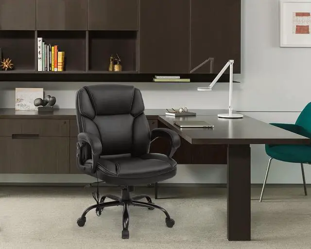 Alt view image 2 of 7 - Big and Tall Office Chair Ergonomic Chair 400lbs Wide Seat Desk Chair PU Leather Computer Chair with Lumbar Support Arms Mid Back Executive Task Chair, Black
