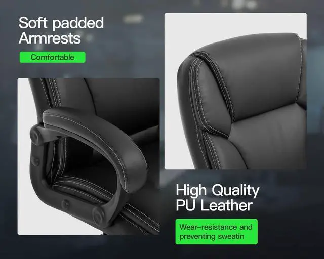 Alt view image 6 of 7 - Big and Tall Office Chair Ergonomic Chair 400lbs Wide Seat Desk Chair PU Leather Computer Chair with Lumbar Support Arms Mid Back Executive Task Chair, Black