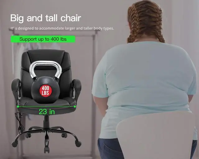 Alt view image 7 of 7 - Big and Tall Office Chair Ergonomic Chair 400lbs Wide Seat Desk Chair PU Leather Computer Chair with Lumbar Support Arms Mid Back Executive Task Chair, Black