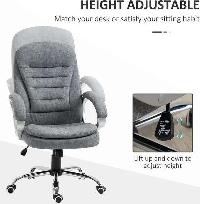 Alt view image 4 of 7 - Vinsetto High Back Home Office Chair Executive Computer Chair with Adjustable Height, Upholstered Thick Padding Headrest and Armrest - Grey
