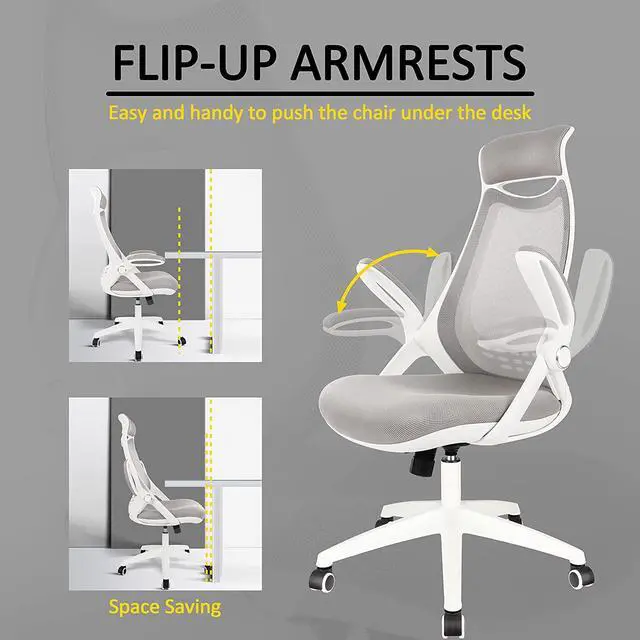 Alt view image 2 of 7 - HYLONE Ergonomic Office Desk Chair, High-Back Mesh Computer Chair with Flip Up Arms, Headrest and Lumbar Support, Height Adjustable, White