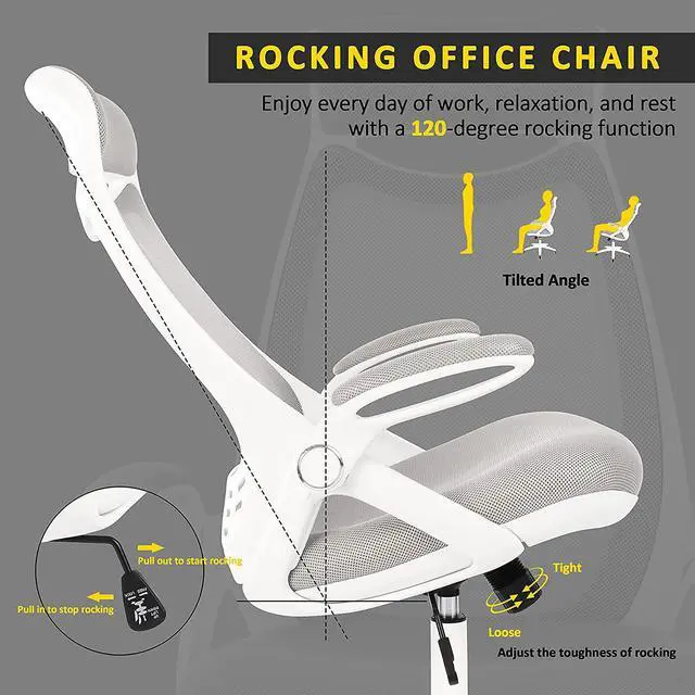 Alt view image 3 of 7 - HYLONE Ergonomic Office Desk Chair, High-Back Mesh Computer Chair with Flip Up Arms, Headrest and Lumbar Support, Height Adjustable, White