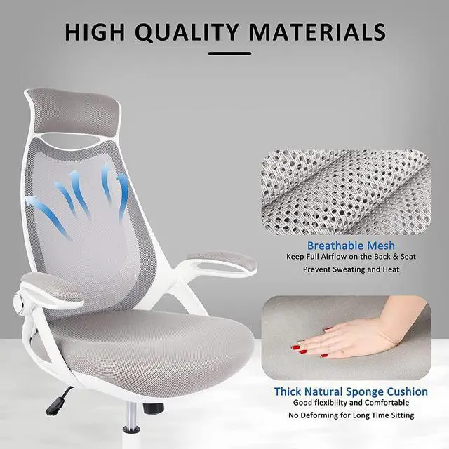 Alt view image 4 of 7 - HYLONE Ergonomic Office Desk Chair, High-Back Mesh Computer Chair with Flip Up Arms, Headrest and Lumbar Support, Height Adjustable, White