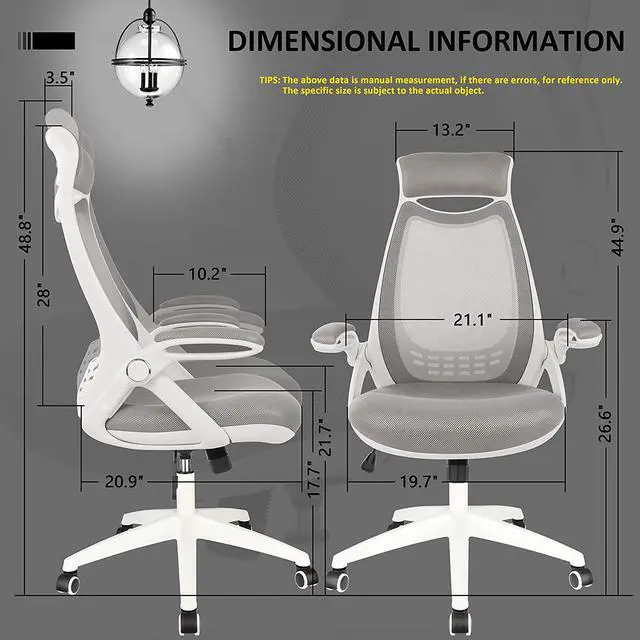 Alt view image 6 of 7 - HYLONE Ergonomic Office Desk Chair, High-Back Mesh Computer Chair with Flip Up Arms, Headrest and Lumbar Support, Height Adjustable, White