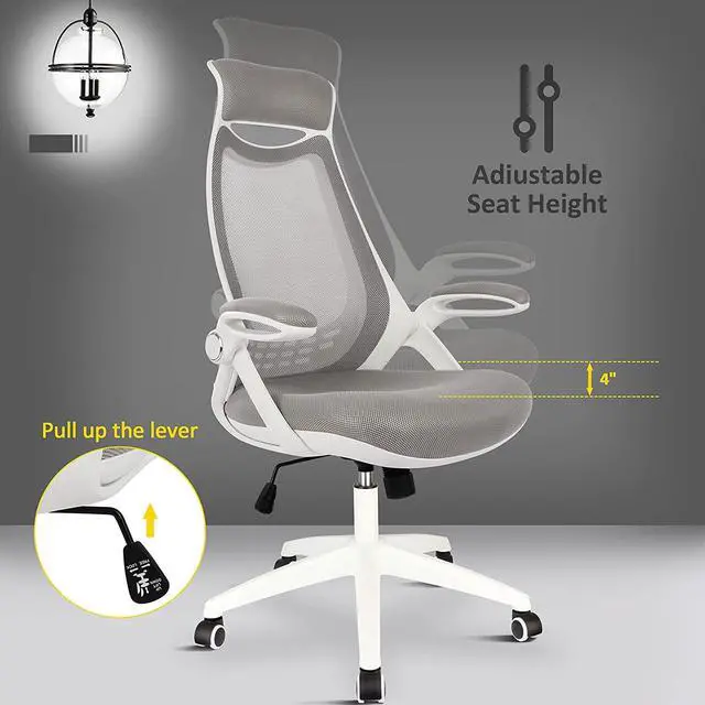 Alt view image 5 of 7 - HYLONE Ergonomic Office Desk Chair, High-Back Mesh Computer Chair with Flip Up Arms, Headrest and Lumbar Support, Height Adjustable, White