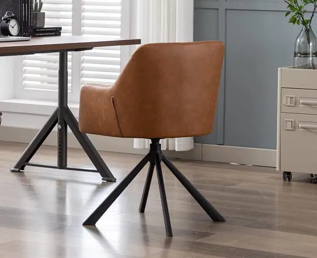 Alt view image 4 of 7 - EALSON Comfy Leather Desk Chair Modern Computer Task Chair no Wheels Swivel Accent Chair with Mid Back Arm Chair for Living Room/Bedroom/Home Office, PU Brown