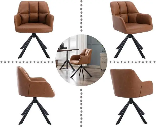 Alt view image 6 of 7 - EALSON Comfy Leather Desk Chair Modern Computer Task Chair no Wheels Swivel Accent Chair with Mid Back Arm Chair for Living Room/Bedroom/Home Office, PU Brown