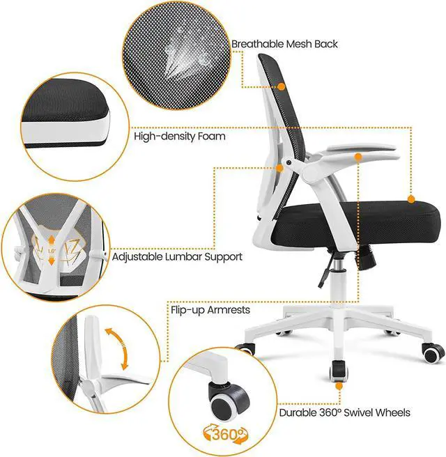 Alt view image 6 of 7 - Topeakmart Office Chair Ergonomic Desk Chair with Adjustable Lumbar Support, Mid Back Mesh Computer Chair with Flip-up Armrests Task Chairs, Executive Chair for Home Office, White