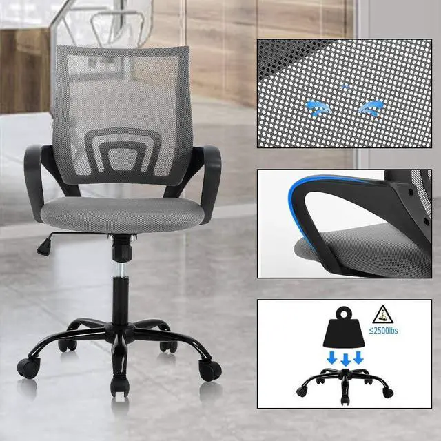 Alt view image 4 of 7 - Ergonomic Office Chair, Mid Back Mesh Desk Chair with Lumbar Support & Armrest - Breathable, Height Adjustable Rolling Task Executive Chairs for Adults, Grey