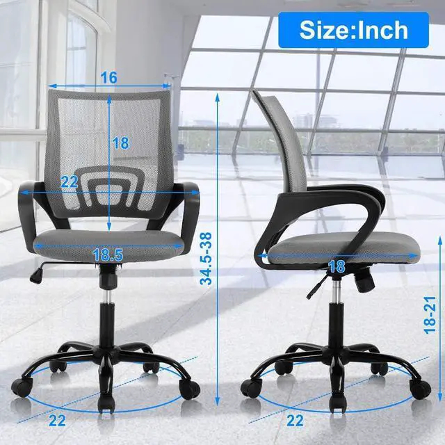Alt view image 2 of 7 - Ergonomic Office Chair, Mid Back Mesh Desk Chair with Lumbar Support & Armrest - Breathable, Height Adjustable Rolling Task Executive Chairs for Adults, Grey