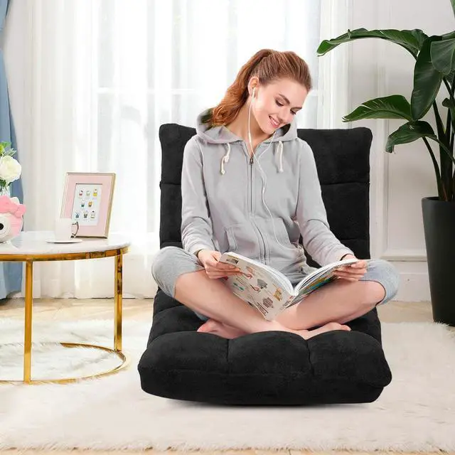 Alt view image 2 of 7 - Giantex Floor Chairs for Adults - Floor Gaming Chair with Back Support, Coral Velvet, 14 Adjustable Position, Thick Sponge Padding, Floor Seating Lounge for Reading, Watching TV, Meditation (Black)
