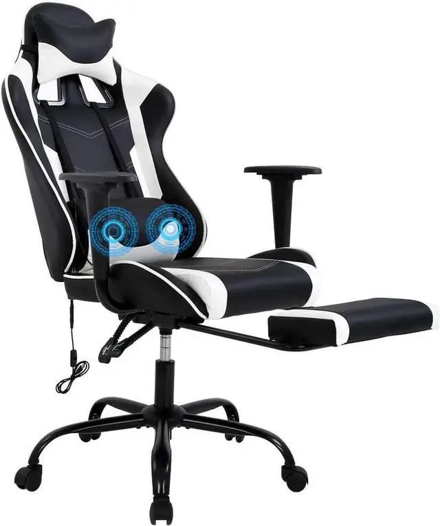 Main image of PC Gaming Chair High Back Executive Office Chair Pu Leather Computer Chair Racing Lumbar Support Slide-Out Footrest Adjustable Swivel Video Game Chair,White
