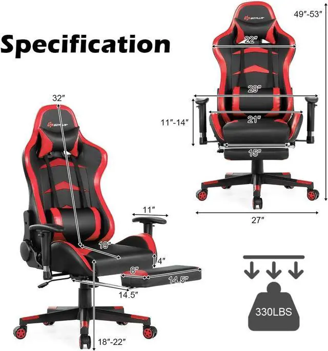 Alt view image 3 of 7 - Goplus Massage Gaming Chair, Reclining Backrest, Handrails and Seat Height Adjustment Racing Computer Office Chair, High Back Ergonomic PU Leather Swivel PC Game Chair with Footrest (Red)