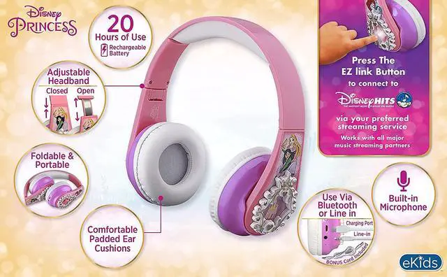 Alt view image 4 of 6 - eKids Disney Princess Bluetooth Headphones with EZ Link, Wireless Headphones with Microphone and Aux Cord, Kids Headphones for School, Home, or Travel