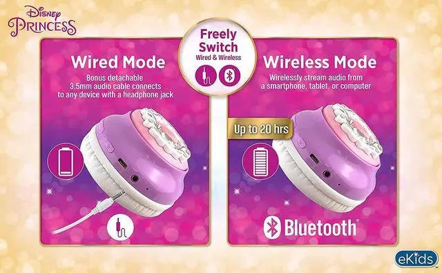 Alt view image 5 of 6 - eKids Disney Princess Bluetooth Headphones with EZ Link, Wireless Headphones with Microphone and Aux Cord, Kids Headphones for School, Home, or Travel