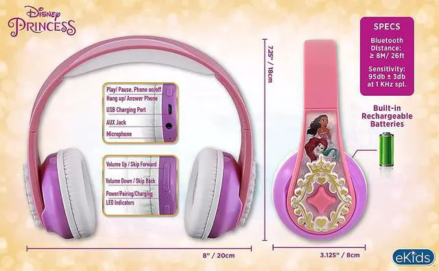 Alt view image 6 of 6 - eKids Disney Princess Bluetooth Headphones with EZ Link, Wireless Headphones with Microphone and Aux Cord, Kids Headphones for School, Home, or Travel