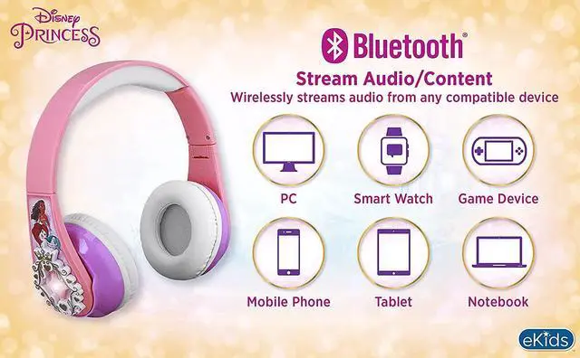 Alt view image 3 of 6 - eKids Disney Princess Bluetooth Headphones with EZ Link, Wireless Headphones with Microphone and Aux Cord, Kids Headphones for School, Home, or Travel