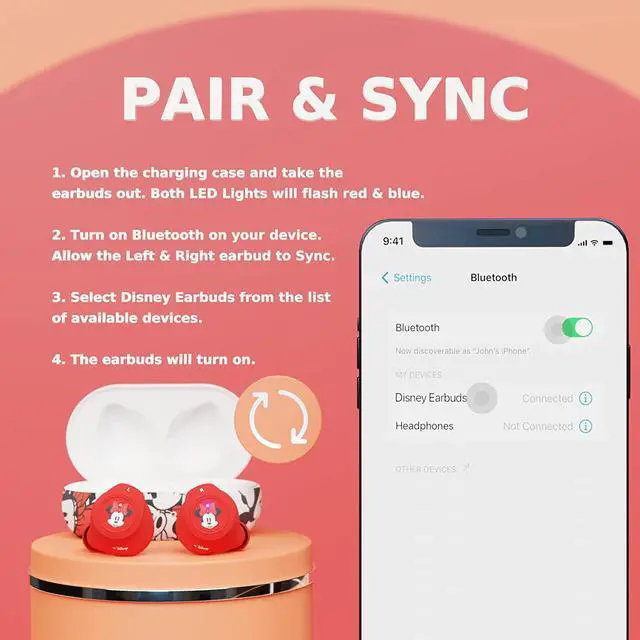 Alt view image 3 of 7 - Disney Minnie Mouse Bluetooth Earbuds with Charging Case- Bluetooth Wireless Headset with Built-in Mic and 30 Hours of Playtime- Minnie Mouse Gifts for Women, Men and All Fans of Disney Gifts