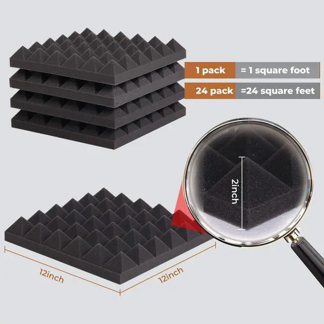 Alt view image 4 of 7 - 24 Pack-12 x 12 x 2 Inches Pyramid Designed Acoustic Foam Panels, Sound Proof Foam Panels Black, High Density and Fire Resistant Acoustic Panels, Sound Panels, Studio Foam for Wall and Ceiling