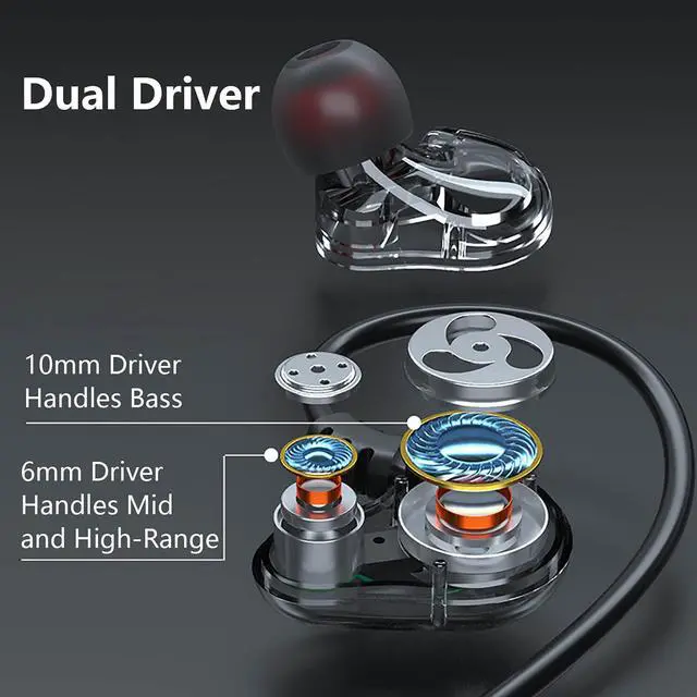 Alt view image 6 of 7 - Dual Driver Wired Earbuds 3.5mm in Ear Headphones with Mic and Hooks, 1.2m Cord Aux Jack Wrap Around Over Ear Earphones with Extra Bass for Phone PC Tablet MP3 Player Gaming Sport Running