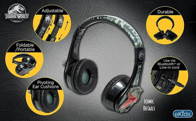 Alt view image 5 of 7 - eKids Jurassic World Bluetooth Headphones, Wireless Headphones with Microphone Includes Aux Cord, Kids Headphones for School, Home, or Travel