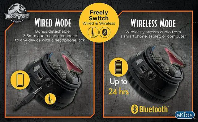 Alt view image 6 of 7 - eKids Jurassic World Bluetooth Headphones, Wireless Headphones with Microphone Includes Aux Cord, Kids Headphones for School, Home, or Travel