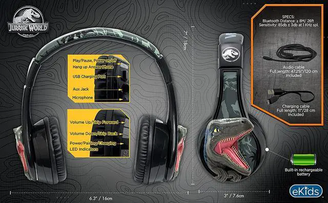Alt view image 7 of 7 - eKids Jurassic World Bluetooth Headphones, Wireless Headphones with Microphone Includes Aux Cord, Kids Headphones for School, Home, or Travel