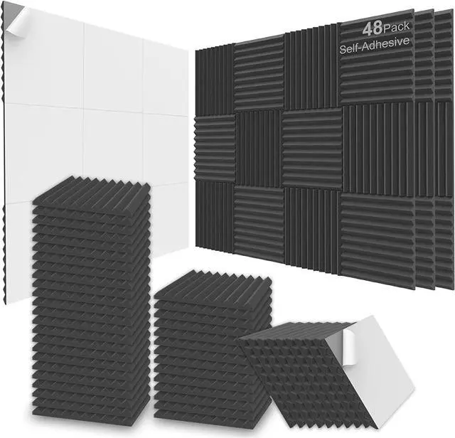 Main image of JBER Acoustic Foam Panels, 48 Pack 12x12x1 Inch Upgraded Self-Adhesive Soundproof Wall Panels Sound Absorbing Panel Treatment for Home Office Studio - Black