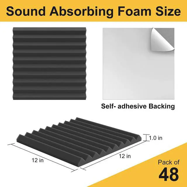Alt view image 2 of 7 - JBER Acoustic Foam Panels, 48 Pack 12x12x1 Inch Upgraded Self-Adhesive Soundproof Wall Panels Sound Absorbing Panel Treatment for Home Office Studio - Black
