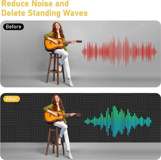 Alt view image 5 of 7 - JBER Acoustic Foam Panels, 48 Pack 12x12x1 Inch Upgraded Self-Adhesive Soundproof Wall Panels Sound Absorbing Panel Treatment for Home Office Studio - Black