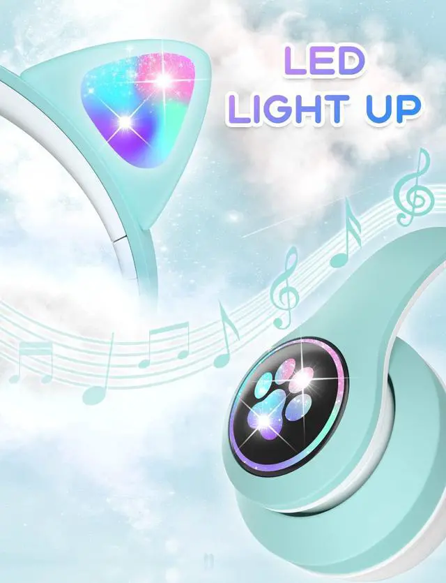 Alt view image 2 of 6 - VuyKoo Kids Headphones with Microphone/RGB LED Light Up, Cat Ear Bluetooth Headphones 94dB Volume Limiting, Foldable Stereo Over-Ear Headphones for Kids Tablet/School/iPad/Smartphone (Green)