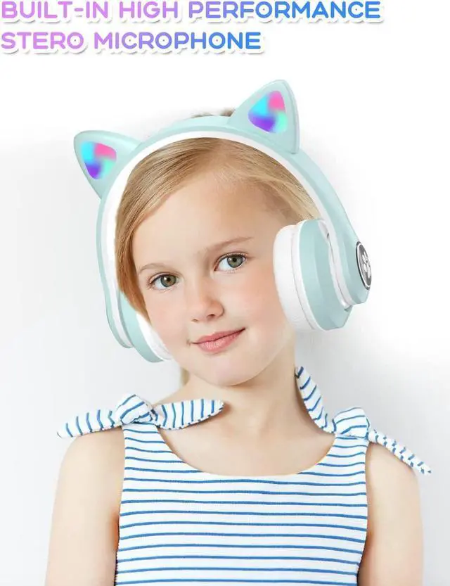 Alt view image 3 of 6 - VuyKoo Kids Headphones with Microphone/RGB LED Light Up, Cat Ear Bluetooth Headphones 94dB Volume Limiting, Foldable Stereo Over-Ear Headphones for Kids Tablet/School/iPad/Smartphone (Green)
