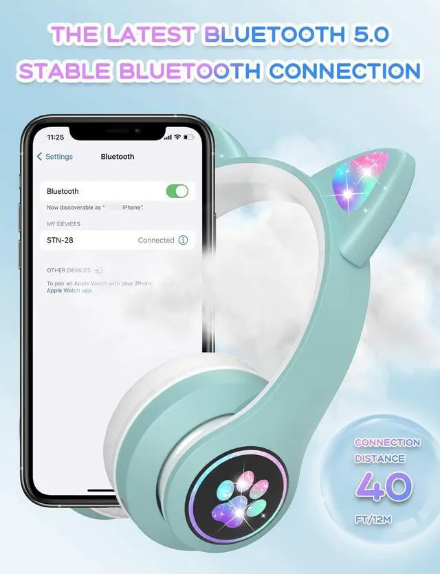 Alt view image 4 of 6 - VuyKoo Kids Headphones with Microphone/RGB LED Light Up, Cat Ear Bluetooth Headphones 94dB Volume Limiting, Foldable Stereo Over-Ear Headphones for Kids Tablet/School/iPad/Smartphone (Green)