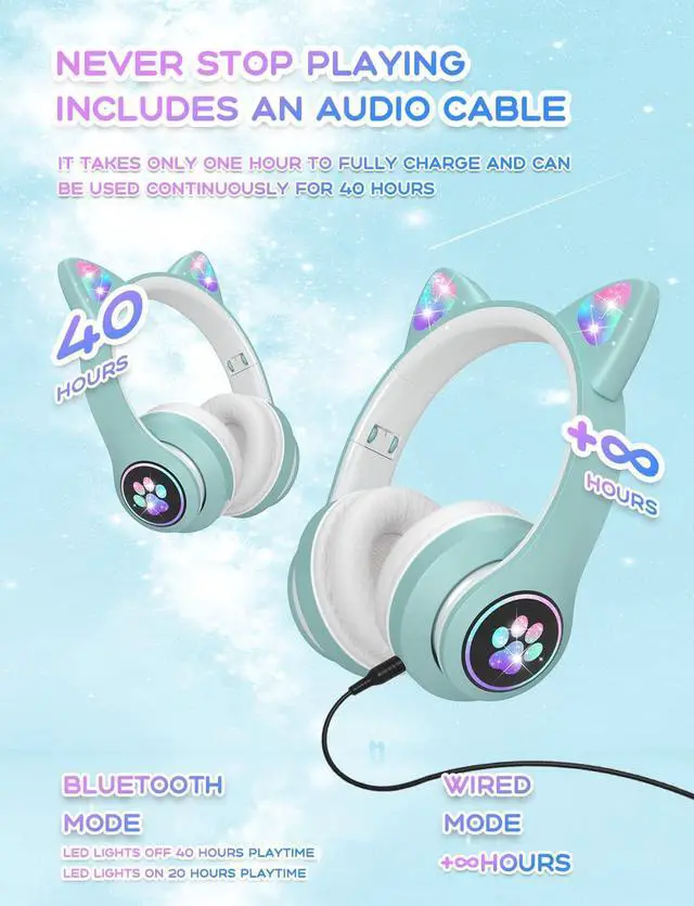 Alt view image 5 of 6 - VuyKoo Kids Headphones with Microphone/RGB LED Light Up, Cat Ear Bluetooth Headphones 94dB Volume Limiting, Foldable Stereo Over-Ear Headphones for Kids Tablet/School/iPad/Smartphone (Green)