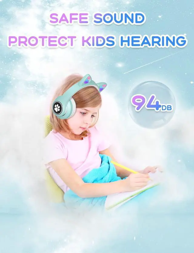 Alt view image 6 of 6 - VuyKoo Kids Headphones with Microphone/RGB LED Light Up, Cat Ear Bluetooth Headphones 94dB Volume Limiting, Foldable Stereo Over-Ear Headphones for Kids Tablet/School/iPad/Smartphone (Green)