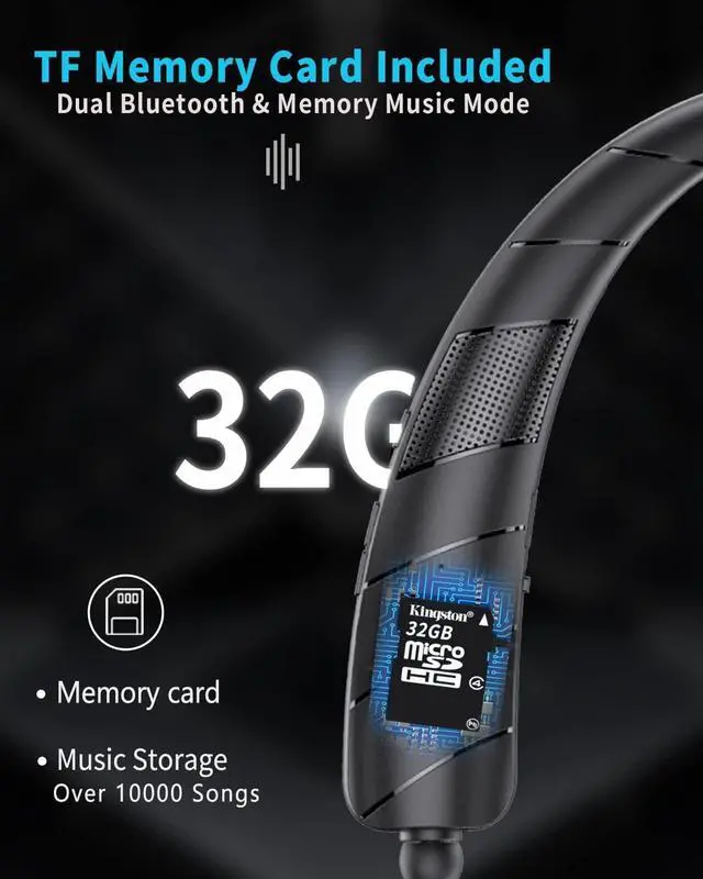 Alt view image 3 of 7 - Bluetooth Headphones Speaker 2 in 1Wireless Neckband Headphones Retractable Earbuds with Built-in TF Memory Card3D Stereo Sound Wearable Speaker Personal Sports Headset Built in Mic (Black 2023)
