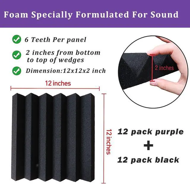Alt view image 2 of 7 - KTOESHEO 24 Pack Acoustic Panels,2" x 12" x 12"Sound Proof Foam Panels for Wall,Fireproof Absorbing Noise Cancelling Panels,to Absorb Noise and Eliminate Echoes. (12 purple+12 black)