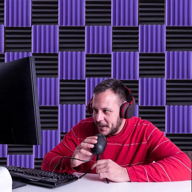 Alt view image 6 of 7 - KTOESHEO 24 Pack Acoustic Panels,2" x 12" x 12"Sound Proof Foam Panels for Wall,Fireproof Absorbing Noise Cancelling Panels,to Absorb Noise and Eliminate Echoes. (12 purple+12 black)