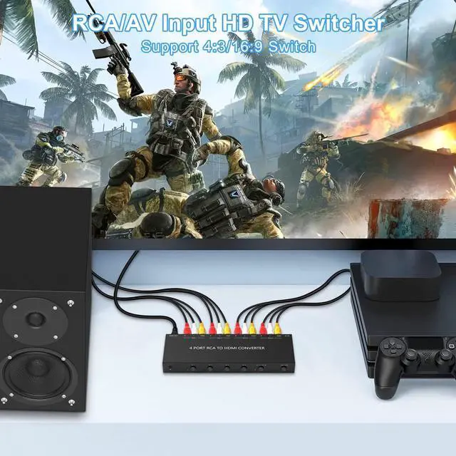 Alt view image 7 of 7 - 4Port AV to HDMI Converter, 4Port AV to HDMI Switcher with IR Remote, Support 16:9/4:3 and Quick Switch Compatible with WII/N64/SNES/Xbox/PS1/PS2/PS3/VHS/VCR/DVD Players etc.(4AV In-1HDMI Out)