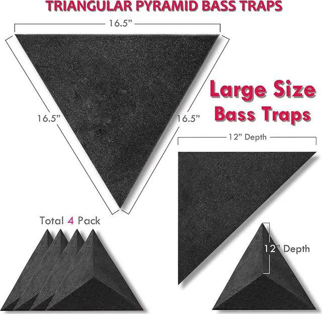 Alt view image 2 of 7 - 4 Pack Bass Traps for Ceiling Corner 16.5" Triangle 12" Depth Triangular Pyramid Acoustic Foam Bass Trap Sound Proofing for Home Studio Booth Low to High Frequency Sound Absorption Foam
