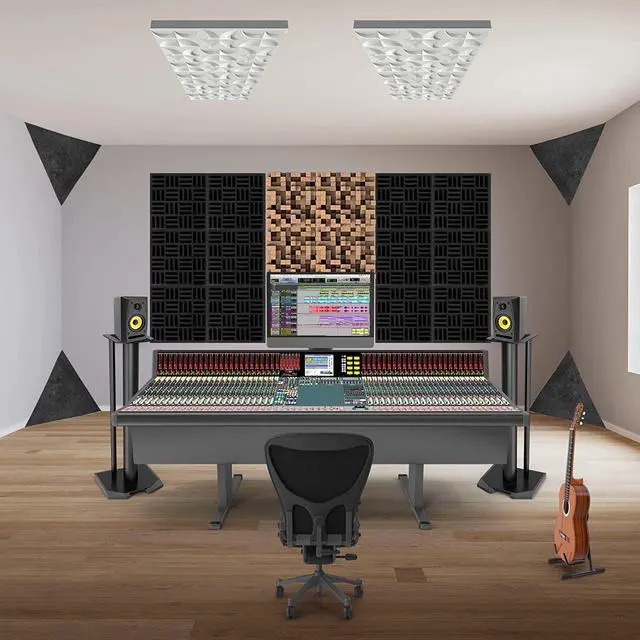 Alt view image 5 of 7 - 4 Pack Bass Traps for Ceiling Corner 16.5" Triangle 12" Depth Triangular Pyramid Acoustic Foam Bass Trap Sound Proofing for Home Studio Booth Low to High Frequency Sound Absorption Foam