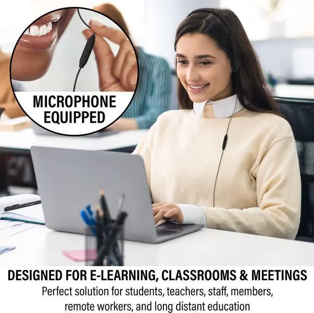 Alt view image 3 of 6 - Maeline Bulk On Ear Student Headphones with Microphone for Library, School, Classroom, Airplane, Kids Online Learning and Travel, 3.5 mm Headphone Plug - 30 Pack - Black